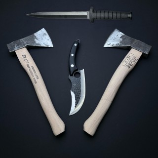 Set 4 piese Măcelărie Black Edition: 2x Toporisca, cuțit înjunghiat doua taisuri, cuțit haiducesc fier forjat