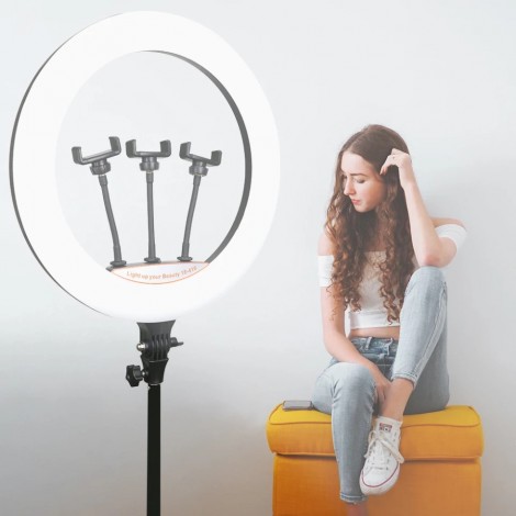 Lampa circulara Ring Light 26cm LED, selfie, trepied 210cm, reglabil, 3 suporturi de telefon, telecomanda, 220V