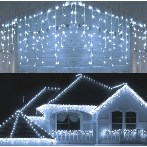 Instalatie Craciun 4 metri, 100 LED-uri tip turturi, franjuri, alb rece