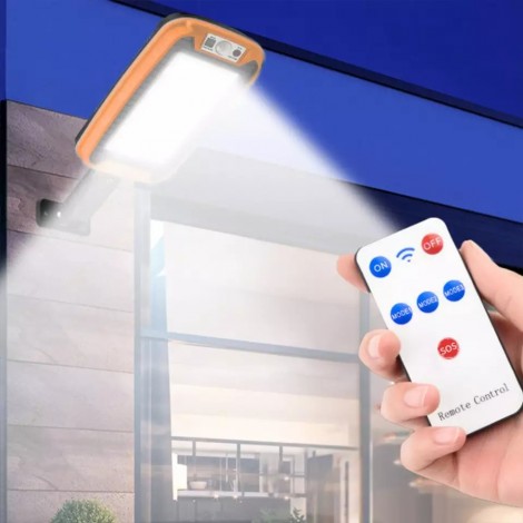 Proiector solar 90W LED iluminat exterior, panou solar integrat, 3 moduri de functionare, buton ON/OFF, telecomanda, portocaliu