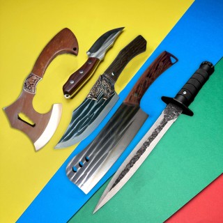 Cadou pentru barbati: Set Camping 5 piese - Maceta Dragon, Toporisca, Cutit Lup, Camping si Injunghiat cu teaca