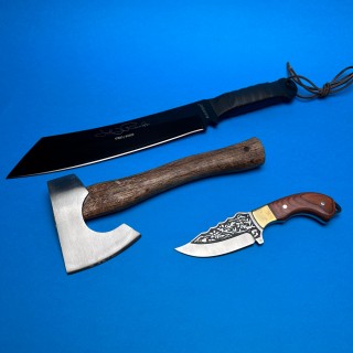 Set macelarie 3 piese, Cutit Maceta Rambo 44cm, lama otel inox, Toporisca coada lemn si Cutit transat