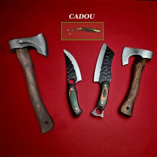 Set 4+1 cadou Macelarie: 2 Toporiste, 2 Cutite tip Satar lama fier forjat, maner lemn + Briceag otel inox