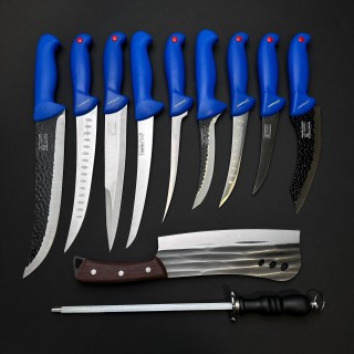 Set macelarie 11 piese, Satar si 3 cutite fier forjat, 6 cutite inox + pila ascutit, albastru MPAB