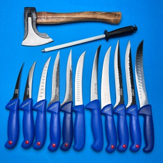 Set macelarie 13 piese, Toporisca, 4 cutite fier forjat, 7 cutite inox + pila ascutit, albastru MPAB