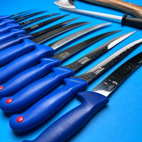 Set macelarie 13 piese, Toporisca, 4 cutite fier forjat, 7 cutite inox + pila ascutit, albastru MPAB