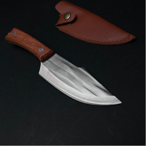 Cutit camping și drumetie 22cm, lama otel inox, maner lemn maro, teaca lama, CB013 cadou barbati FR19