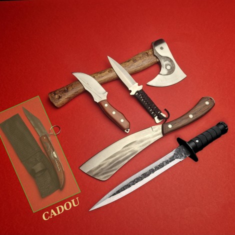 Set 5+1 piese Macelarie: Toporisca YinYang, Cuțit înjunghiat doua taisuri, 2 cuțite otel inox si Satar + cadou: Cutit tip briceag Set 5+1 piese Macelarie: Toporisca YinYang, Cuțit înjunghiat doua taisuri, 2 cuțite otel inox si Satar + cadou: Cutit tip briceag