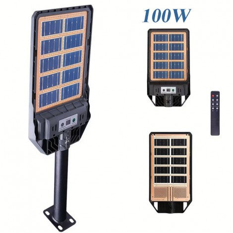 Lampa solara stradala cu panou solar incorporat cu doua fete, 100W, cu inductie si telecomanda, 6500K