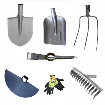 Set gradina 7 piese, Cazma, Lopata, Grebla, Tarnacop, Sapa, Furca si manusi lucru, metal, fara coada