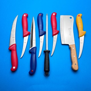 Set macelarie 8 piese, 6 cutite, 1 satar si 1 pila ascutit, lame otel inox, maner antialunecare 4 5 5 6 3 1 7