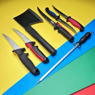 Set macelarie Black Edition 7 piese, 5 cutite filetat, 1 Satar, lame otel inox si 1 pila ascutit