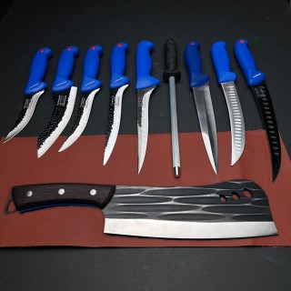 Set macelarie Gama Gladiator 10 piese, Cutit fier forjat tip maceta 33cm, 8 cutite profesionale si pila ascutit MPAB