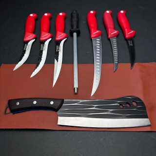 Set macelarie Gama Gladiator 8 piese, Cutit fier forjat tip maceta, 6 cutite si pila ascutit, rosu