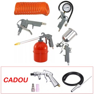 Set service auto, 2 produse: kit aer comprimat sablat/vopsit/umflat 7 piese + Cadou: Pistol sablat cu duza ceramica