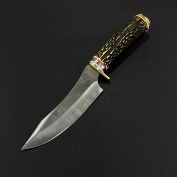 Cutit camping Rustic 24cm, lama varf dublu otel inox, maner corn cerb, husa, CUT-RST24CB