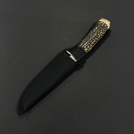 Cutit camping Rustic 24cm, lama varf dublu otel inox, maner corn cerb, husa, CUT-RST24CB