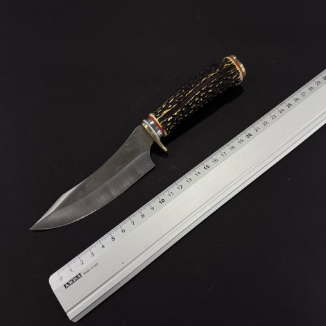 Cutit camping Rustic 24cm, lama varf dublu otel inox, maner corn cerb, husa, CUT-RST24CB