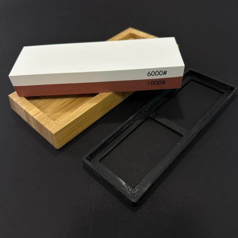 Kit ascuțire cuțite profesional, piatra 2 fețe grit 6000 si 1000, suport lemn plus ghidaj lama, 18 x 6 cm