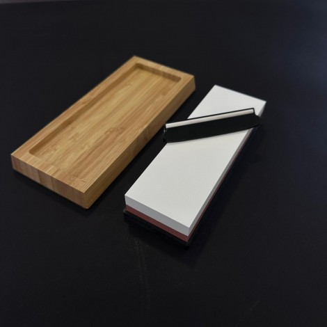 Kit ascuțire cuțite profesional, piatra 2 fețe grit 6000 si 1000, suport lemn plus ghidaj lama, 18 x 6 cm