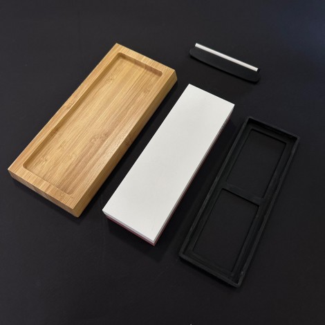 Kit ascuțire cuțite profesional, piatra 2 fețe grit 6000 si 1000, suport lemn plus ghidaj lama, 18 x 6 cm