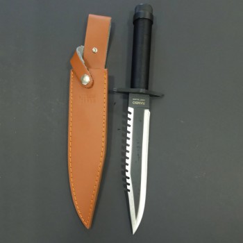 Cutit camping Rambo First Blood 36cm, lama otel inox cu margine zimtata si varf dublu, teaca piele maro, RAMBO-36