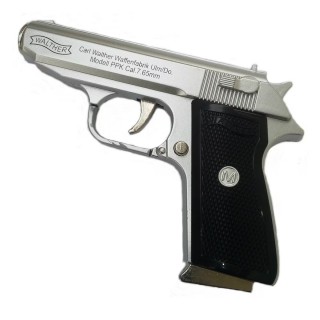 Brichetă decorativă pistol Walther PPK – formă realistă, reincarcabila, negru-argintiu, BRI-PPKB