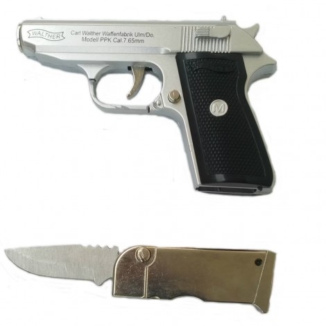 Brichetă decorativă pistol Walther PPK – formă realistă, reincarcabila, negru-argintiu, BRI-PPKB