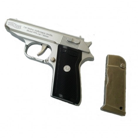 Brichetă decorativă pistol Walther PPK – formă realistă, reincarcabila, negru-argintiu, BRI-PPKB