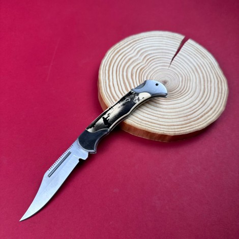 Cutit camping tip Briceag 19cm, lama zimtata otel inox, maner imprimeu pescar FR20