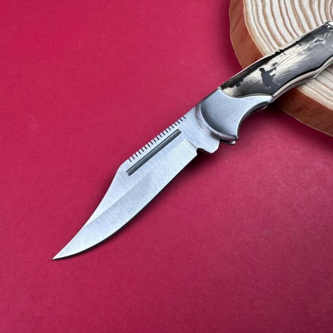 Cutit camping tip Briceag 19cm, lama zimtata otel inox, maner imprimeu pescar FR20