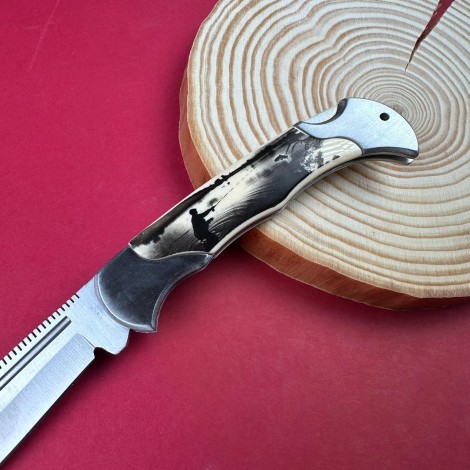 Cutit camping tip Briceag 19cm, lama zimtata otel inox, maner imprimeu pescar FR20