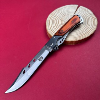 Cutit camping tip Briceag 27cm, lama otel inox, maner metal+lemn maro, cu husa FR18