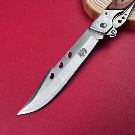 Cutit camping tip Briceag 27cm, lama otel inox, maner metal+lemn maro, cu husa FR18