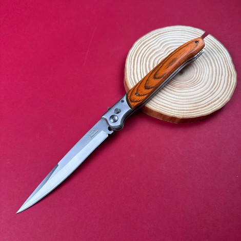 Cutit camping tip Briceag 31cm, lama otel inox, maner metal+lemn maro, cu husa FR18