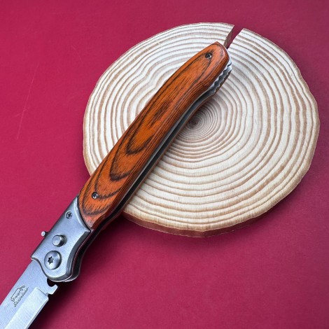 Cutit camping tip Briceag 31cm, lama otel inox, maner metal+lemn maro, cu husa FR18