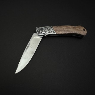 Cutit camping tip Briceag Tiger 20cm, lama otel inox, maner metal+abs, cu husa, maro