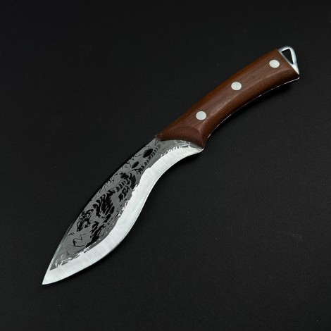 Cutit camping Skinner Black Tiger 28cm, lama curba otel inox, maner lemn, teaca piele FR20