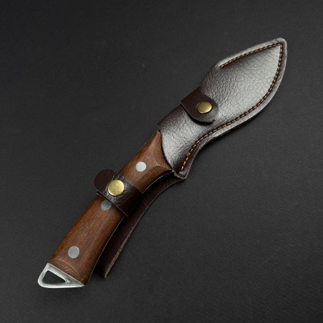 Cutit camping Skinner Black Tiger 28cm, lama curba otel inox, maner lemn, teaca piele FR20