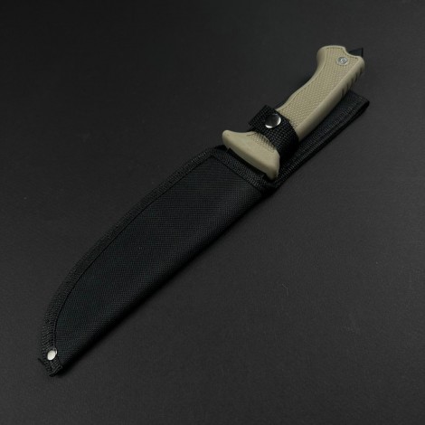 Cuțit camping bowie AJ 31cm, lamă oțel inoxidabil varf dublu tăiș, mâner kaki, cu husa FR19