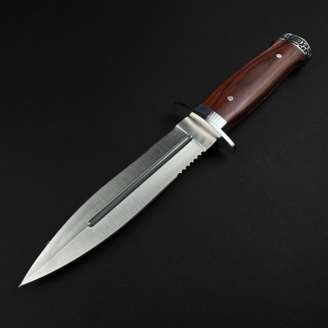 Cuțit camping dagger 28cm, lamă oțel inoxidabil dublu tăiș, mâner lemn maro, cu husa FR19