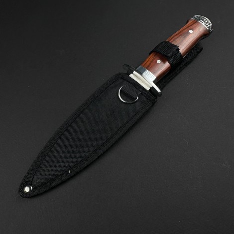 Cuțit camping dagger 28cm, lamă oțel inoxidabil dublu tăiș, mâner lemn maro, cu husa FR19