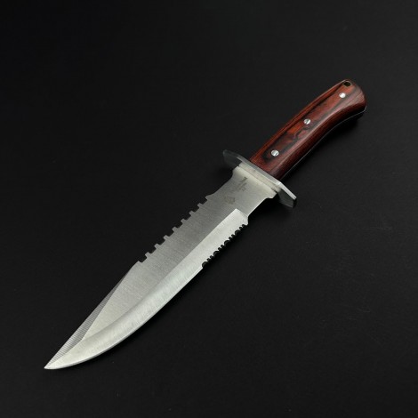 Cuțit camping dagger 28cm, lamă oțel inoxidabil varf dublu tăiș, mâner lemn maro, cu husa FR19