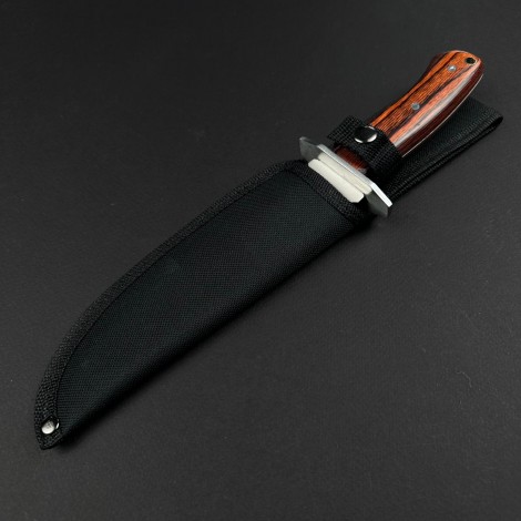 Cuțit camping dagger 28cm, lamă oțel inoxidabil varf dublu tăiș, mâner lemn maro, cu husa FR19