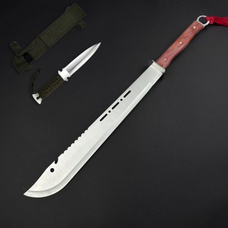 Cuțit camping tip maceta bowie 70cm, lamă otel inoxidabil, maner lemn cu inel, cu husa camo FR18 sabie + Cadou kunai 22cm