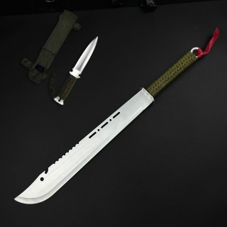 Cuțit camping tip maceta bowie 70cm, lamă oțel inoxidabil, muchie parțial zimțată, mâner paracord verde, cu husa FR18 sabie + Cadou kunai 22cm FRS10