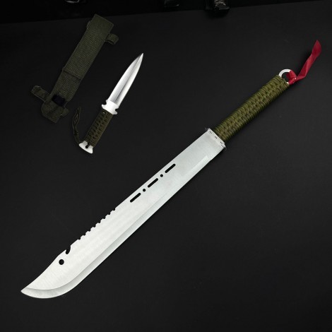 Cuțit camping tip maceta bowie 70cm, lamă oțel inoxidabil, muchie parțial zimțată, mâner paracord verde, cu husa FR18 sabie + Cadou kunai 22cm FRS10 Cuțit camping tip maceta bowie 70cm, lamă oțel inoxidabil, muchie parțial zimțată, mâner paracord verde, cu husa FR18 sabie + Cadou kunai 22cm FRS10