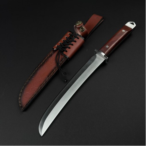 Cutit hobby tip Bowie 35cm, lama otel inox, maner lemn maro cu husa piele gravata FR20