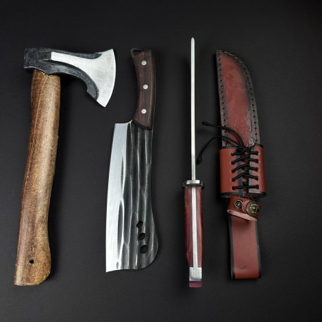 Set hobby 3 piese, Toporisca 34cm, Cutit tip Maceta fier forjat si Cutit tip Bowie cu husa piele gravata, set1