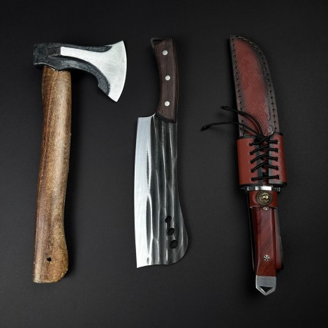 Set hobby 3 piese, Toporisca 34cm, Cutit tip Maceta fier forjat si Cutit tip Bowie cu husa piele gravata, set1